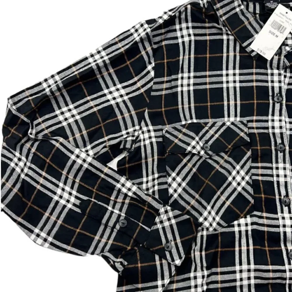 New Sanctuary Men Black Plaid Shirt Casual Classic Long Sleeve Button Down US M - Picture 10 of 13